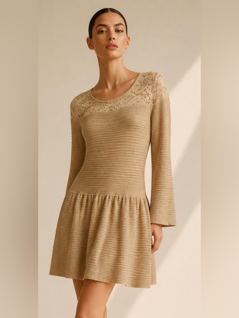 JESSICA SIMPSON Lace Opera Ribbed Sweater Dress Mini Beige Fit Flare